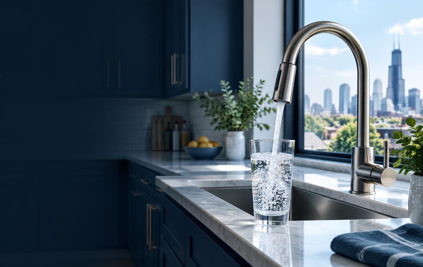 Crystal-clear filtered water flowing from a kitchen faucet with the Chicago skyline beyond